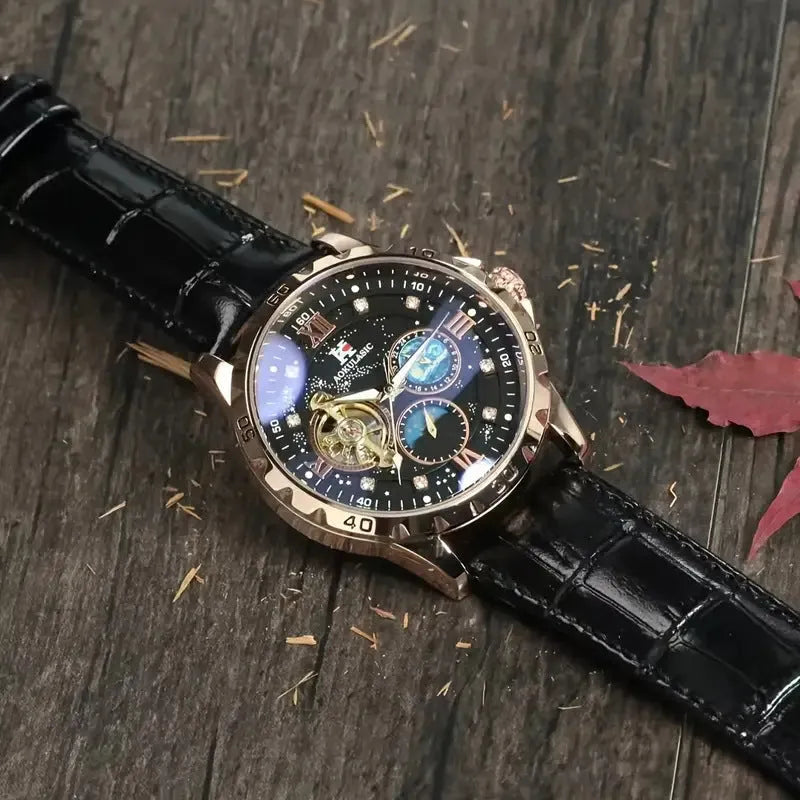 Automatic mechanical watch with large hollow dial and black leather strap on rose gold case