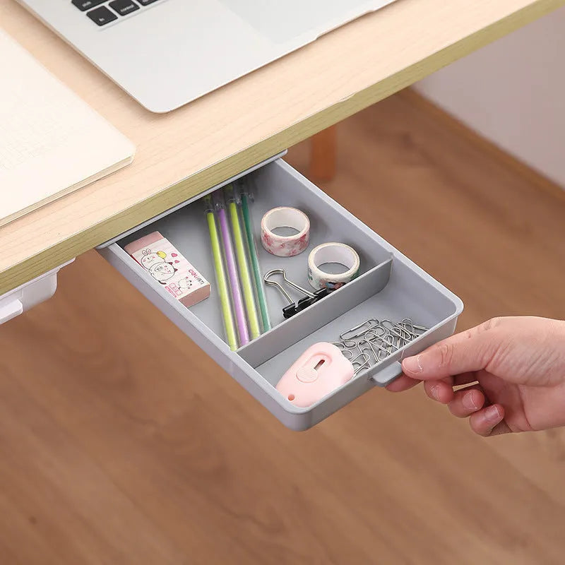 Plastic under desk storage drawer with cover and grid compartments in multiple colour options