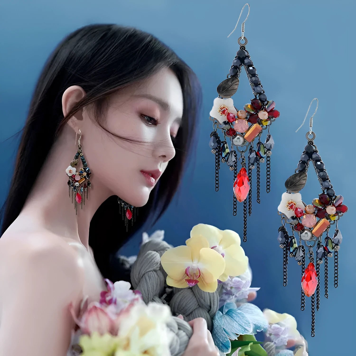 Women's hand-woven Bohemian earrings with artificial crystal and alloy in red and black, champagne, and amethyst colours