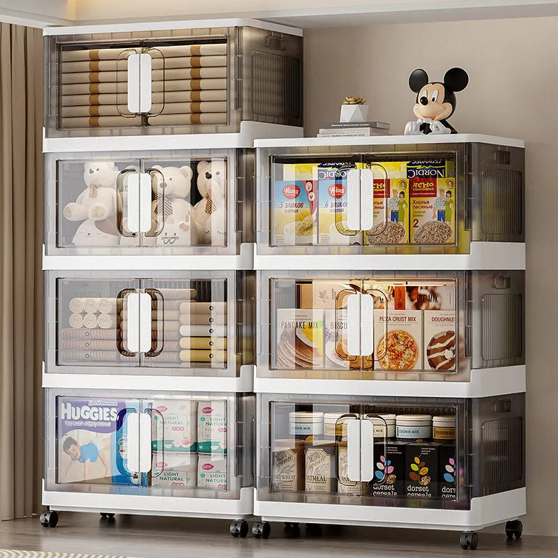 Foldable PP plastic clothes storage locker with wheels in white or grey colour options