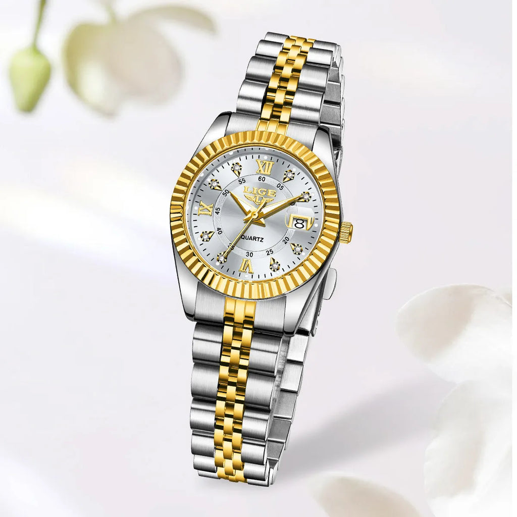 Gold and silver coloured waterproof quartz fashion watch with a 10mm thick case.