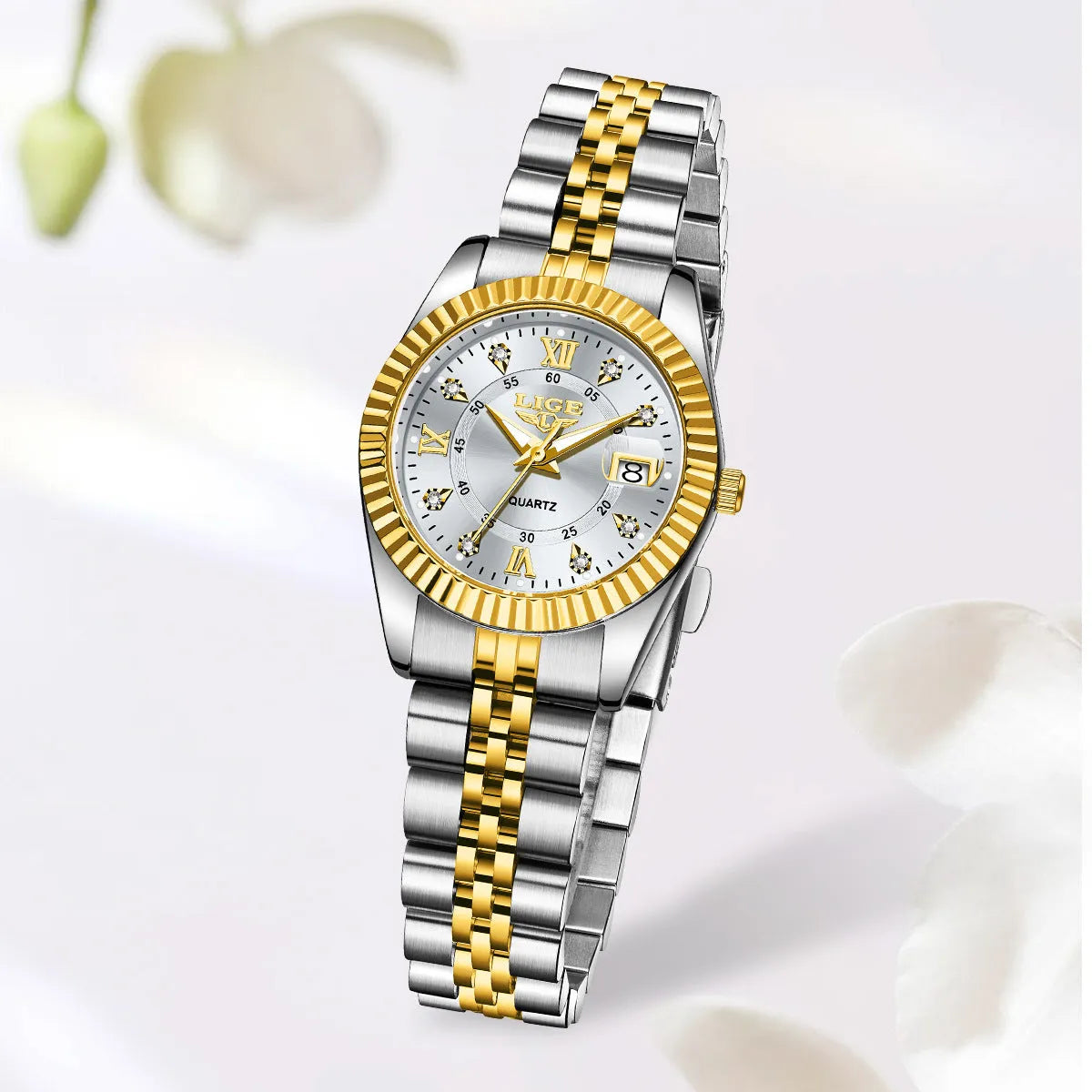 Gold and silver coloured waterproof quartz fashion watch with a 10mm thick case.