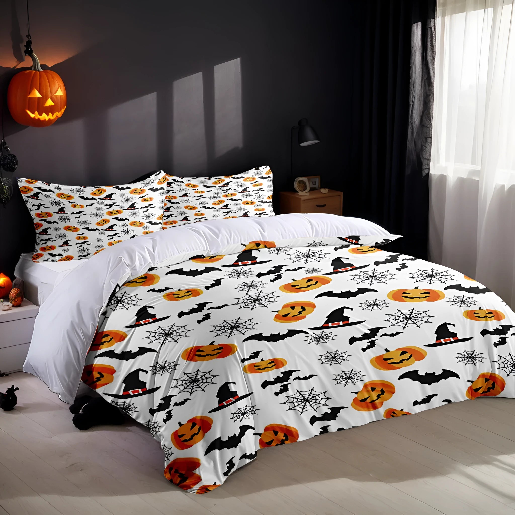 Three-piece bed set Halloween bedroom furnishing decoration white chemical fibre digital print with quilt cover and two pillowcases