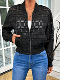 Black women's semi-transparent jacket with geometric pattern and front zipper