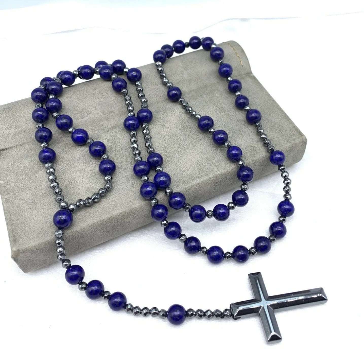 Men's stone cross pendant necklace on a ball bead chain with safety lock, 80cm length.
