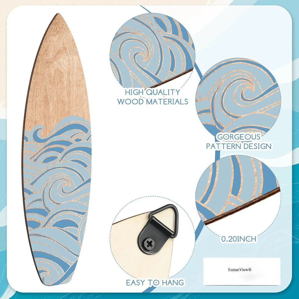 Three natural wooden surfboard wall decorations on a light wall