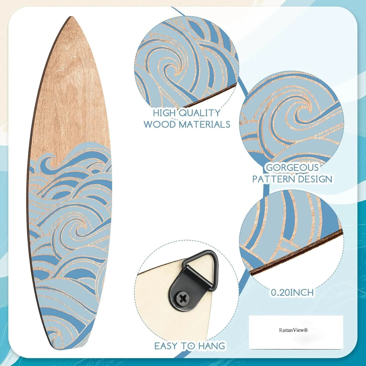 Three natural wooden surfboard wall decorations on a light wall