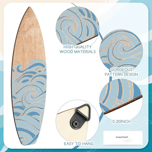 Three natural wooden surfboard wall decorations on a light wall