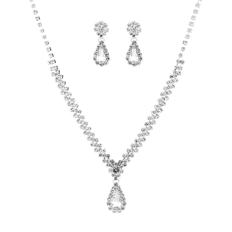 Claw chain necklace and earrings set with rhinestone drop elements in multiple colour options