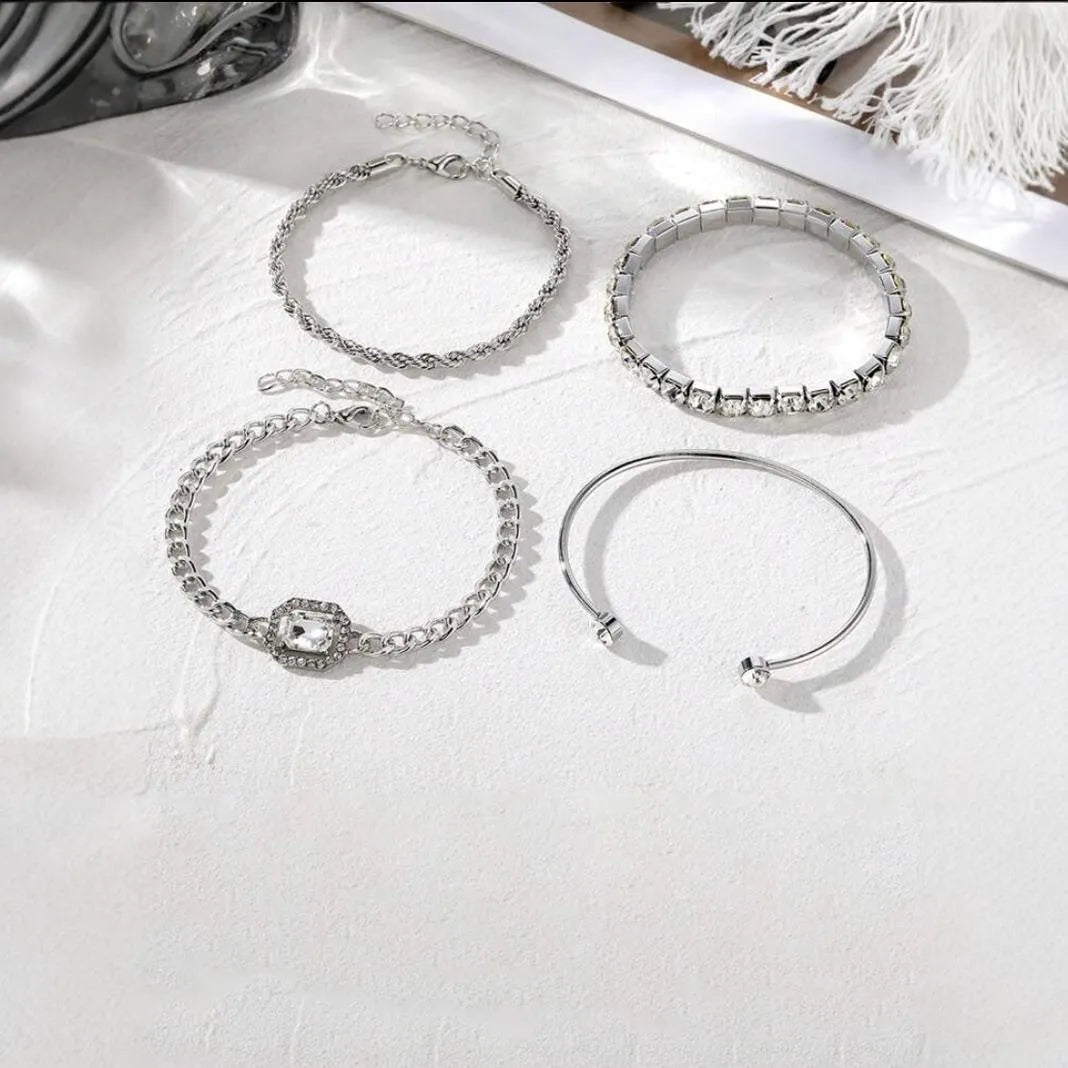Women's retro geometric alloy bracelet four-piece set with square diamond charms in gold or silver colour