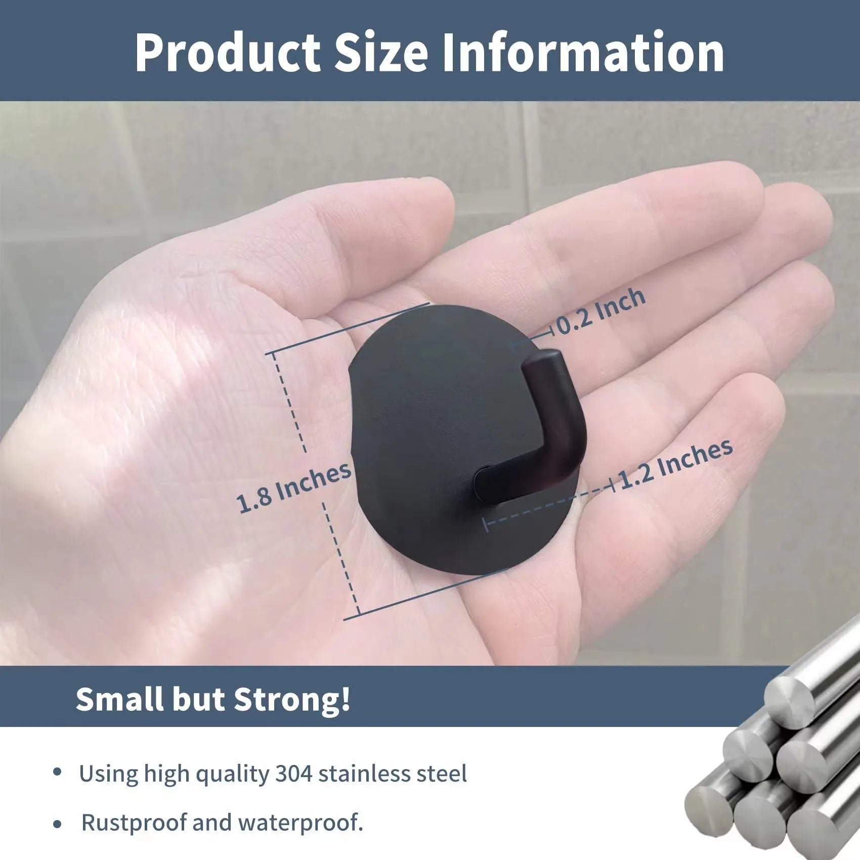 Stainless steel self-adhesive round wall hook shown in black and polished finishes.