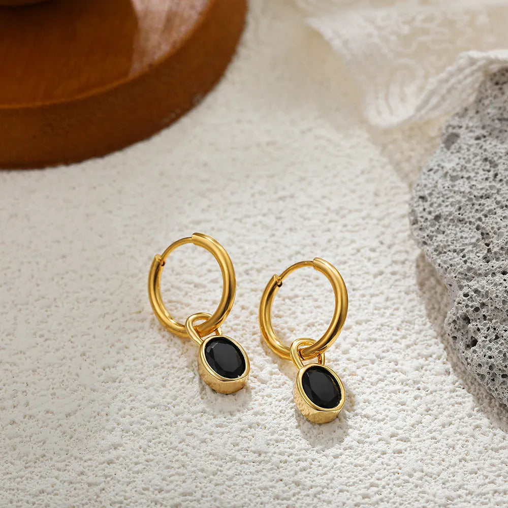 Women's retro simple oval zircon copper earrings shown in six colour options on a white background.