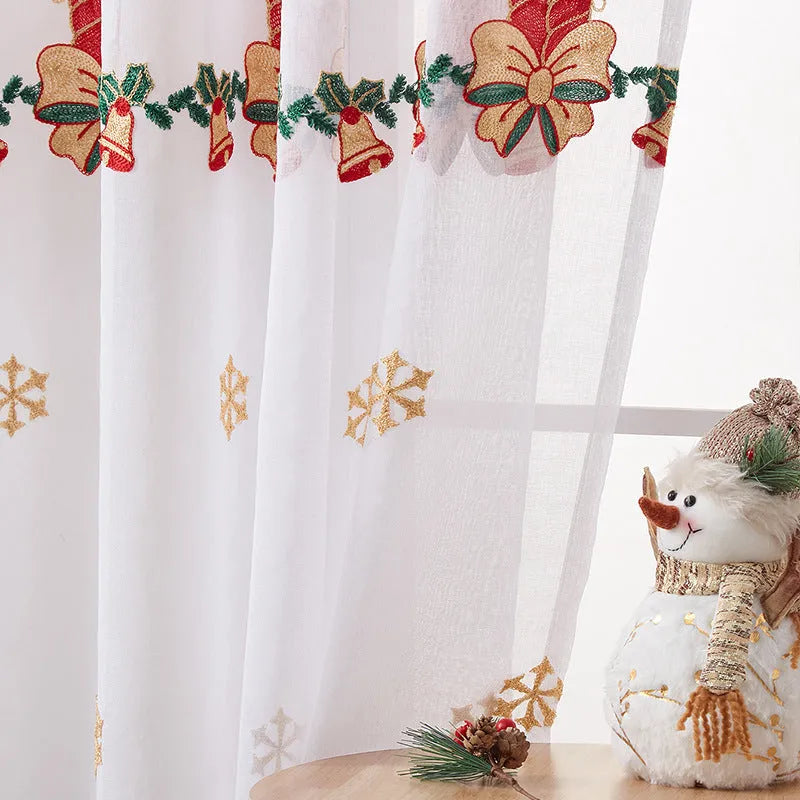 American Christmas curtain with embroidered snowflake design in semi-sunshade polyester fabric