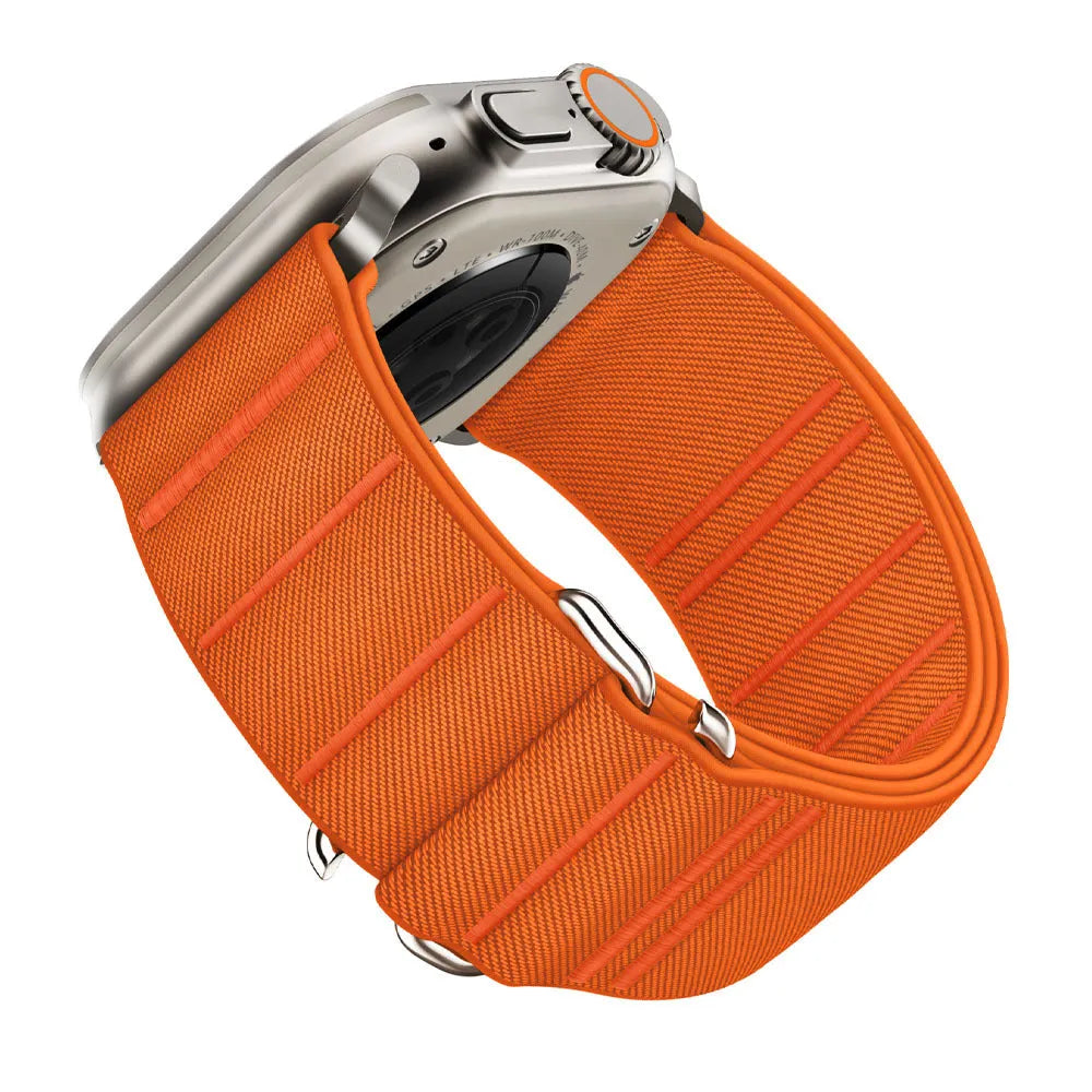 Elastic nylon Apple Watch replacement band with stainless steel buckle in Army Green colour