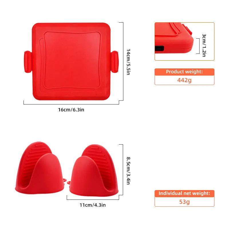 Red silicone handbag-shaped baking tray with matching heat-resistant gloves