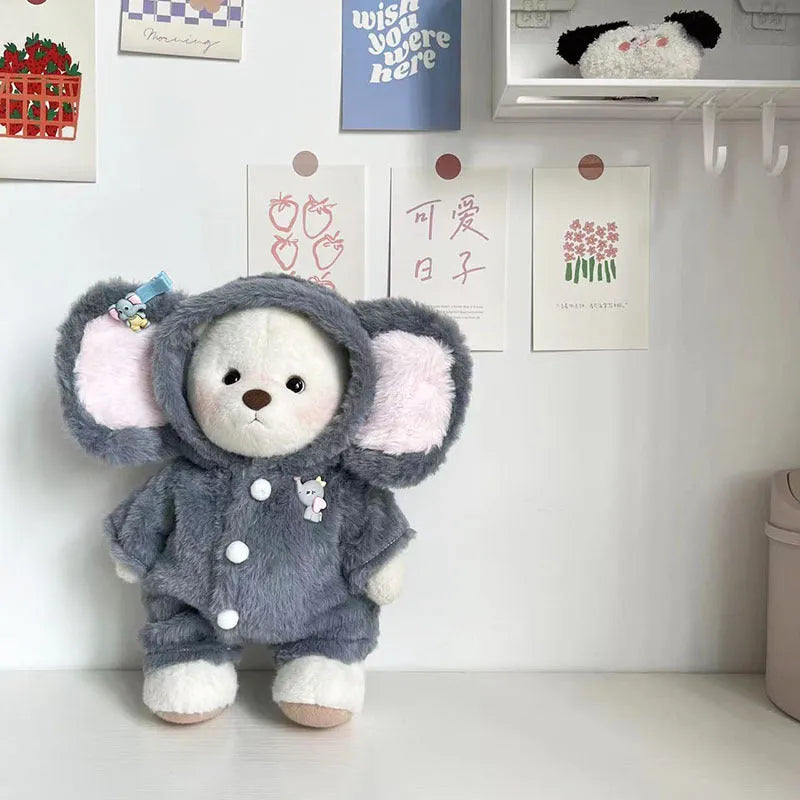 Grey elephant costume jumpsuit for a 30cm plush teddy bear on a neutral background.