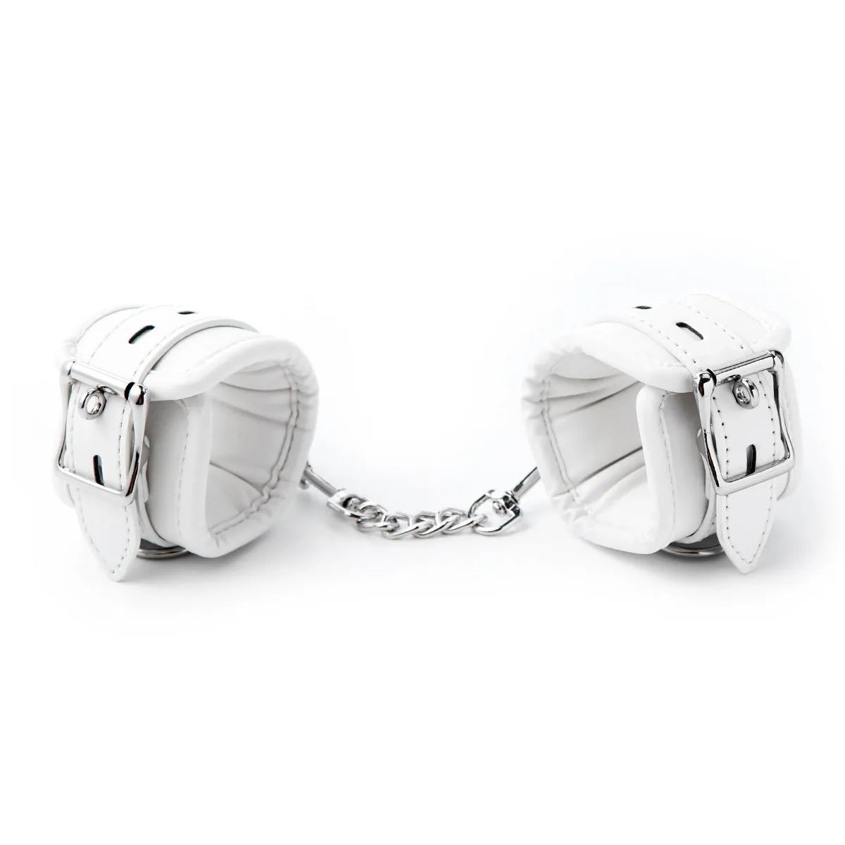 White PU sponge bondage set showing handcuffs, foot cuffs, and a neck scarf laid flat.