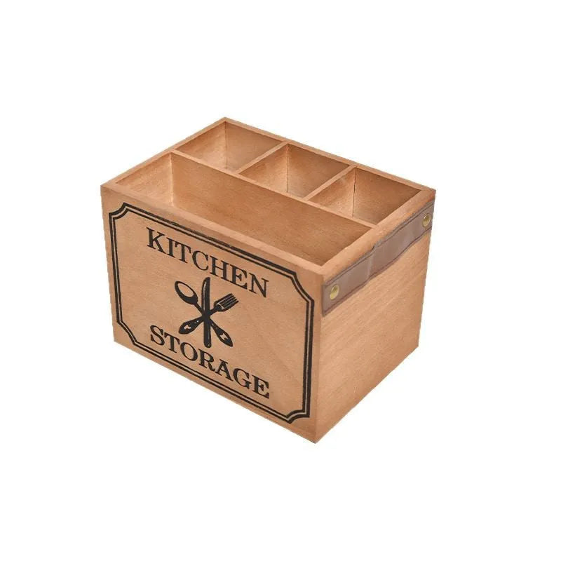 Wooden kitchen storage box with grid dividers for knives, forks and chopsticks