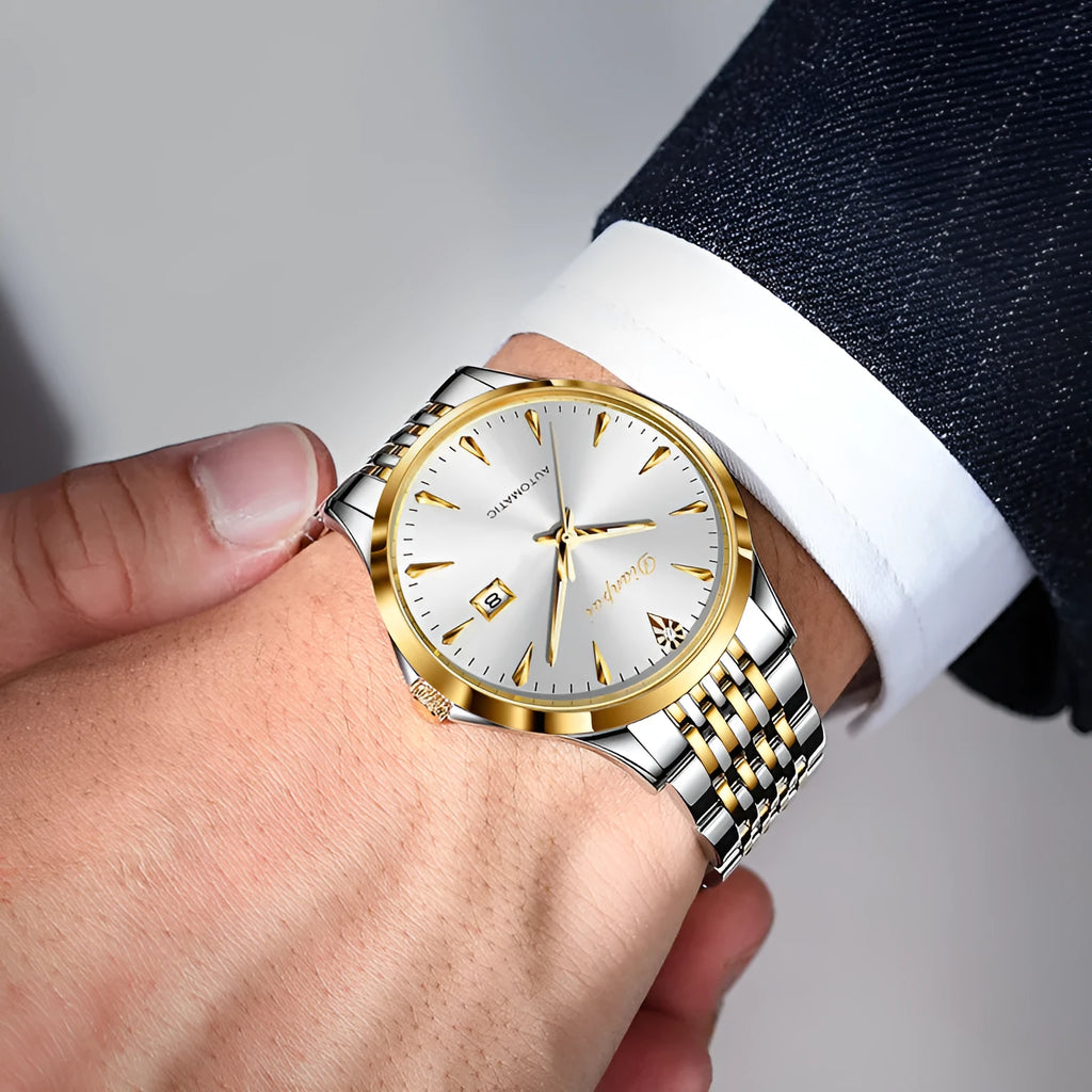 Men's stainless steel automatic mechanical watch with simple white dial and water resistance.