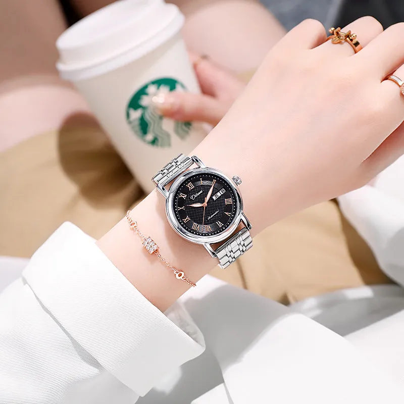 Automatic women's mechanical watch with 12mm case on steel or leather strap in various colours.