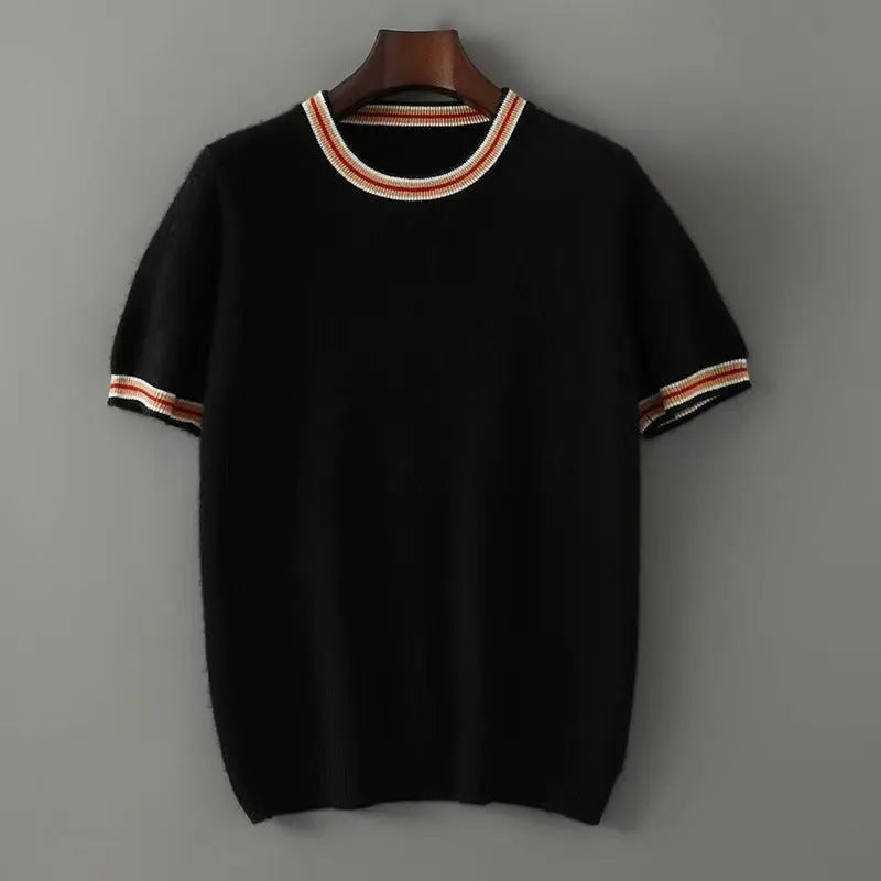 Men's grey pure wool short sleeve round neck sweater laid flat.