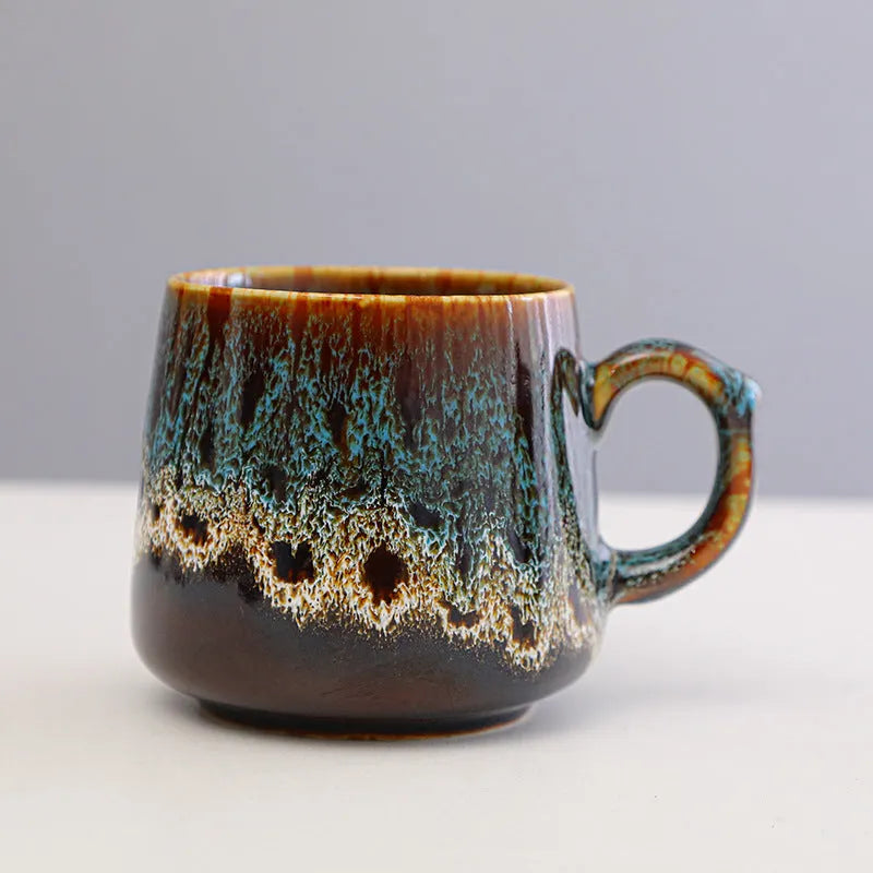 Large-capacity retro style coffee mug couple set showing four colour options, 8.5cm tall with 8cm opening.