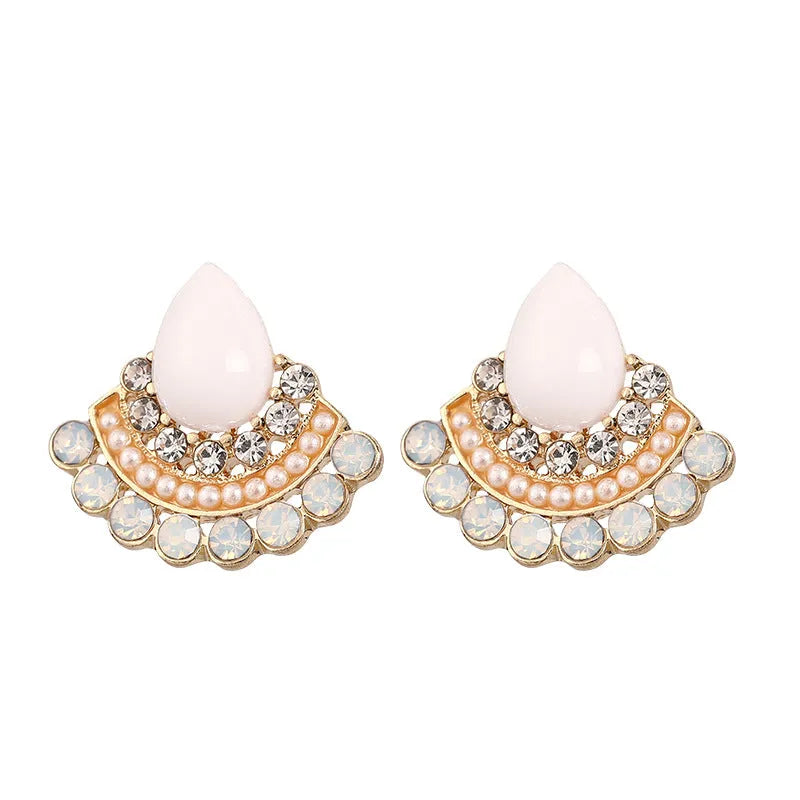 Women's retro silver-tone fan-shaped geometric drop earrings with rhinestone details on a stud post.