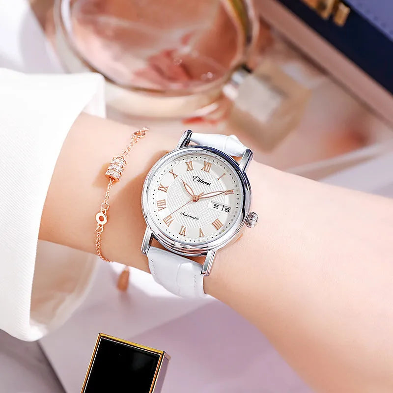 Automatic women's mechanical watch with 12mm case on steel or leather strap in various colours.