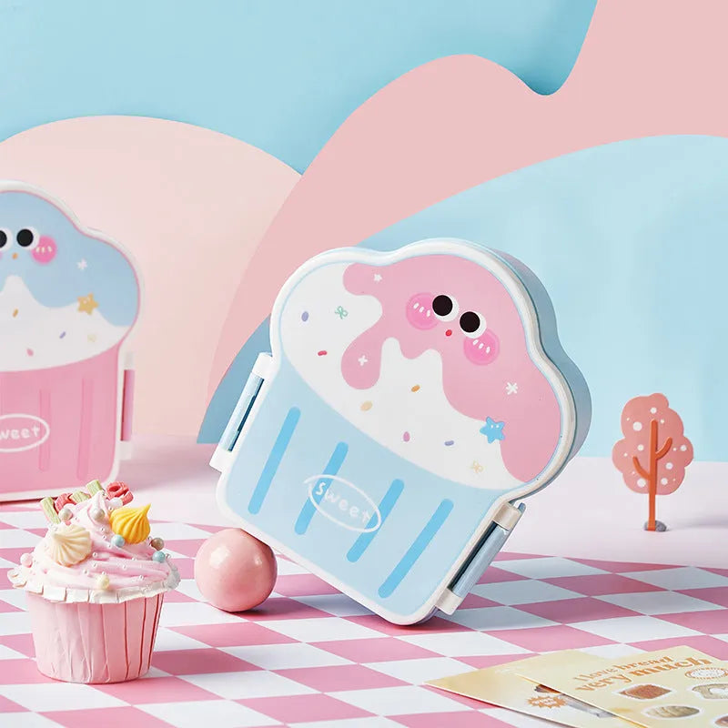 Creative pink and blue ice cream shaped plastic lunch box with compartments and included spoon and fork