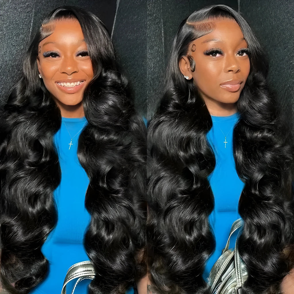 Black synthetic lace front wig with big wave styling, shown on a wig stand.