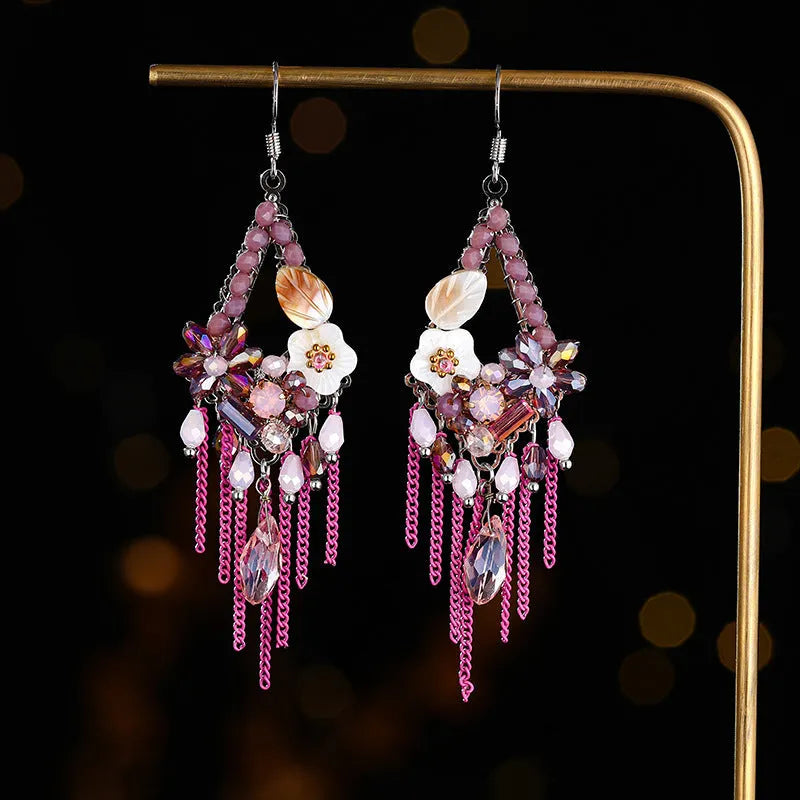 Women's hand-woven Bohemian earrings with artificial crystal and alloy in red and black, champagne, and amethyst colours
