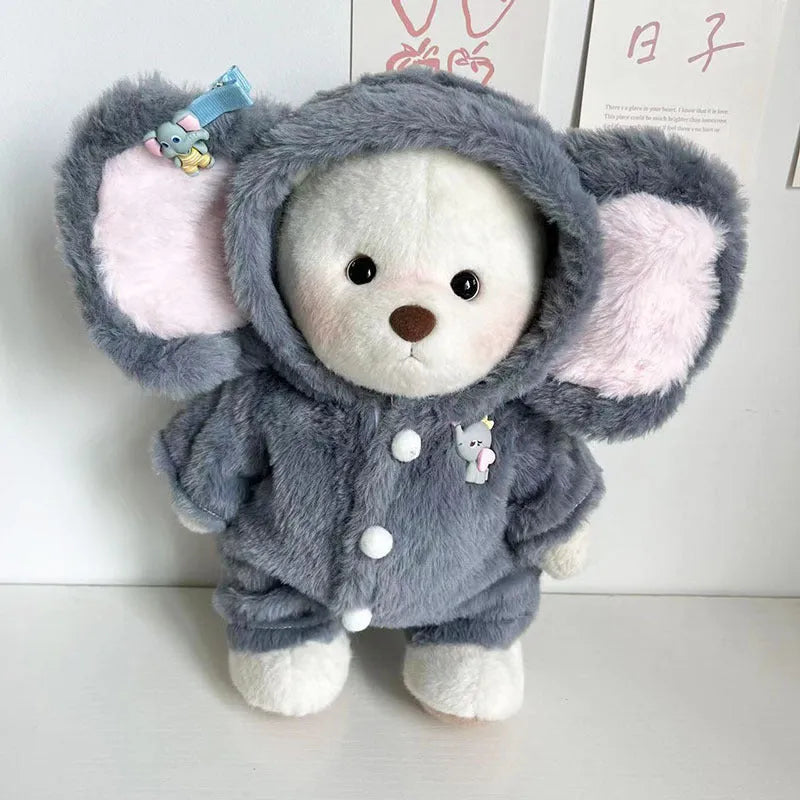 Grey elephant costume jumpsuit for a 30cm plush teddy bear on a neutral background.