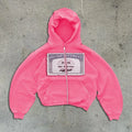 Unisex loose fit zip-up hoodie jacket with letter pattern in black, grey, or pink.
