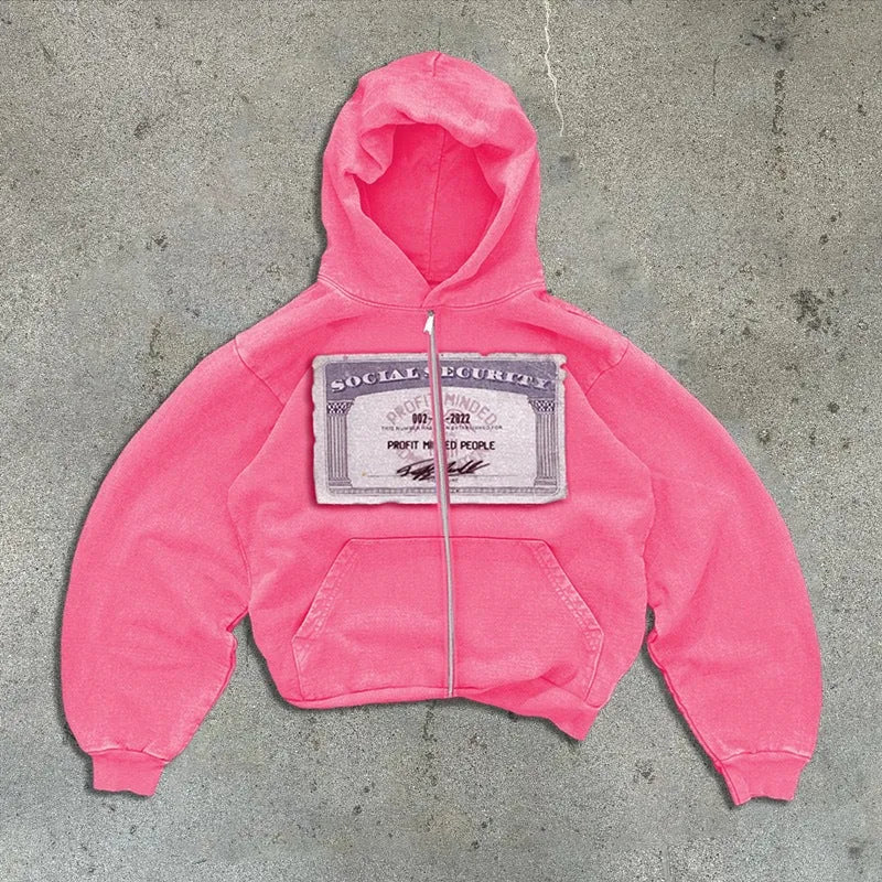 Unisex loose fit zip-up hoodie jacket with letter pattern in black, grey, or pink.