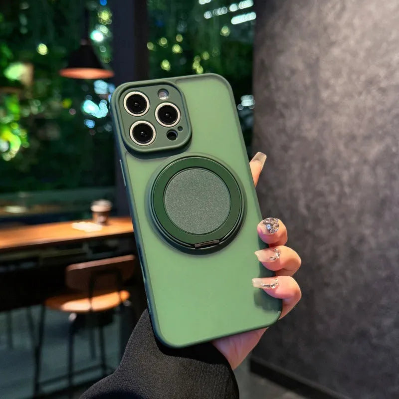 Transparent magnetic iPhone case showing invisible bracket folded out