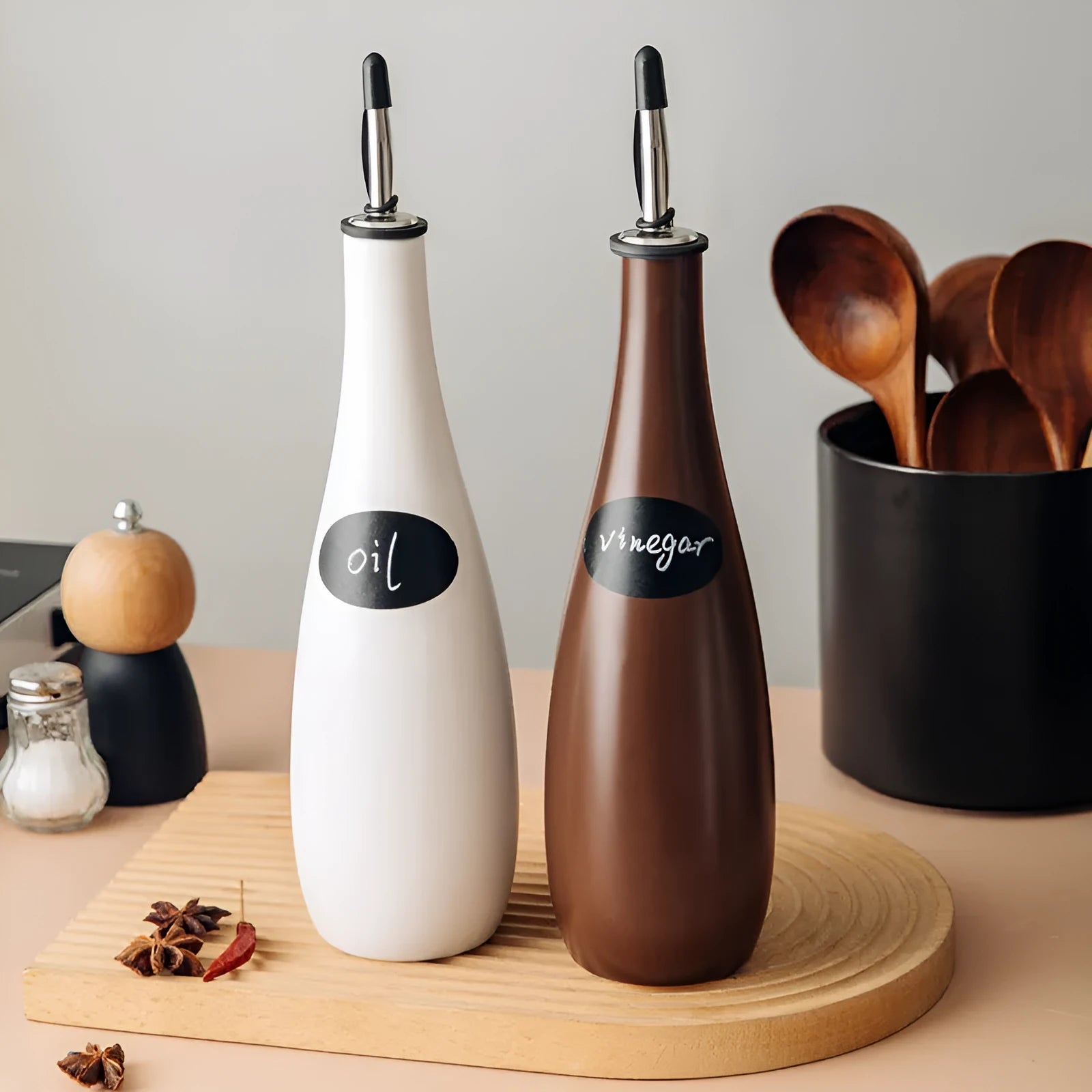 Ceramic kitchen oil pot with funnel and oil brush in black, coffee, or white.