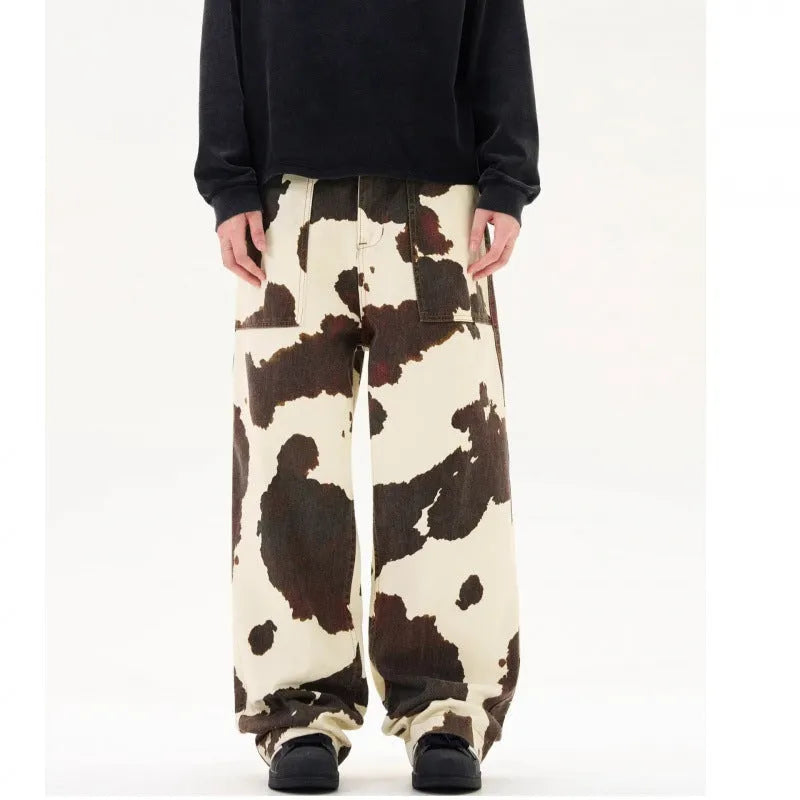 Men's American retro style trousers with cow pattern print in straight-leg cut and mid waist