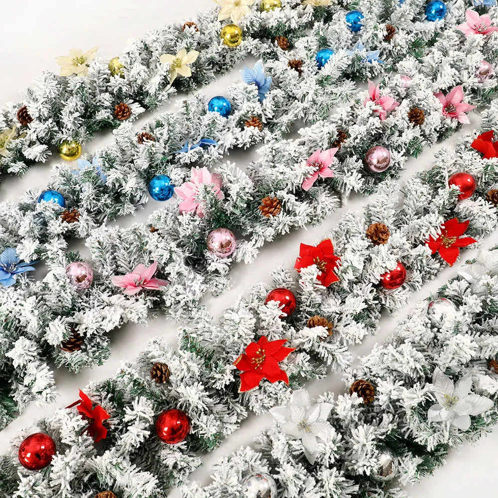 Christmas rattan garland with flocking texture in multiple colour options for festive decoration