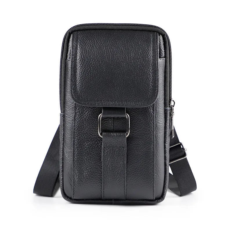 Men's black genuine leather square crossbody waist bag with a lock and coin pocket.