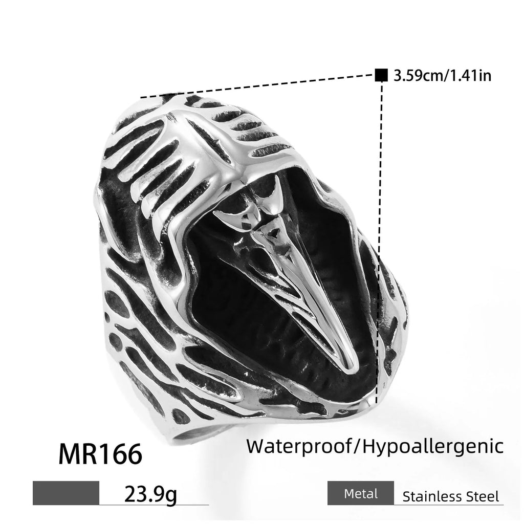 Stainless steel punk ring with detailed crow motif in geometric design, titanium steel construction