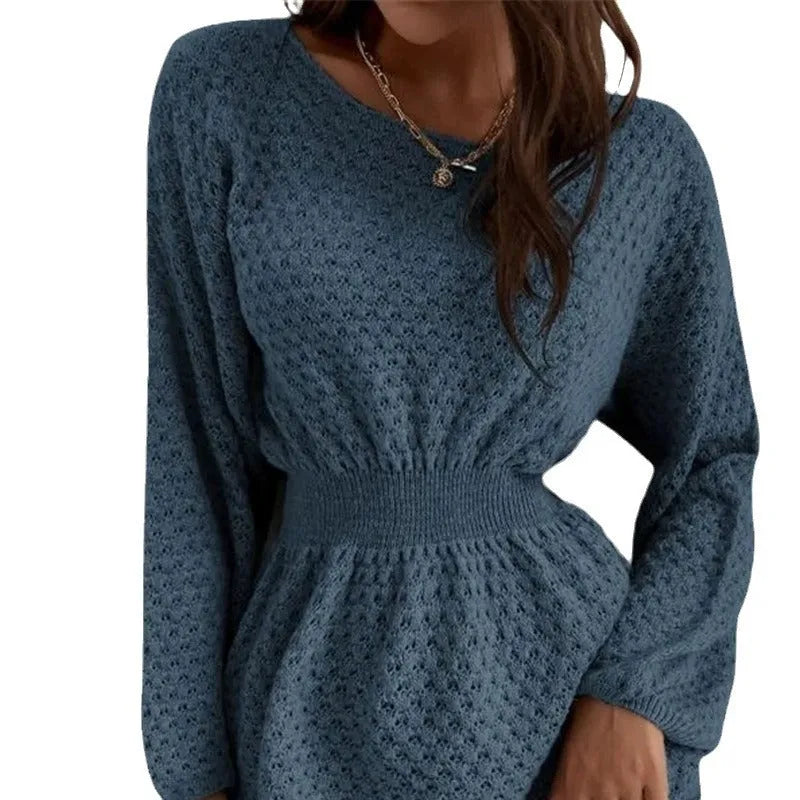 Blue women's slim-fit knitted dress with hand-crocheted flowers and a fitted waist.