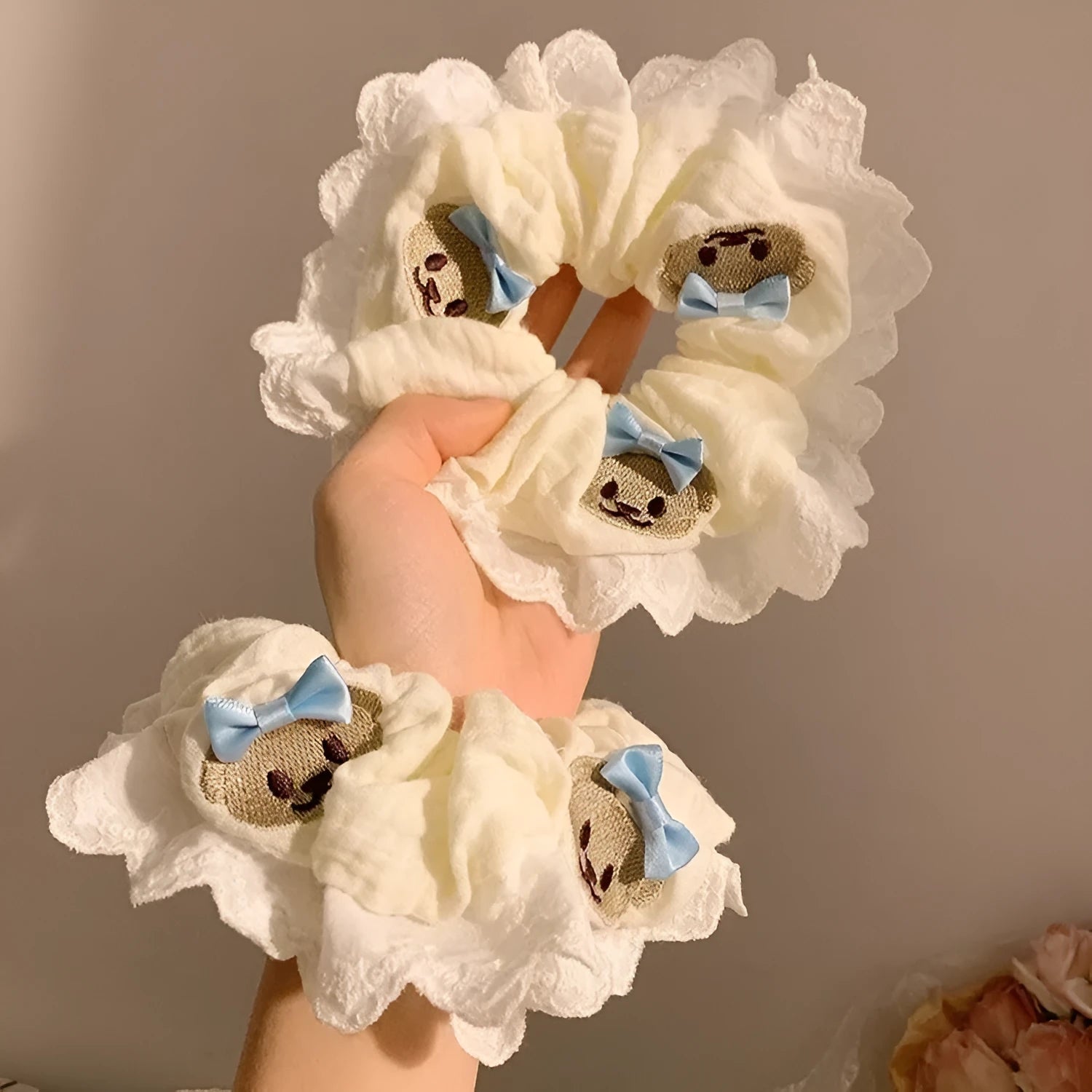 Bear blue bow lace large intestine hair ring with cloth material and high elasticity