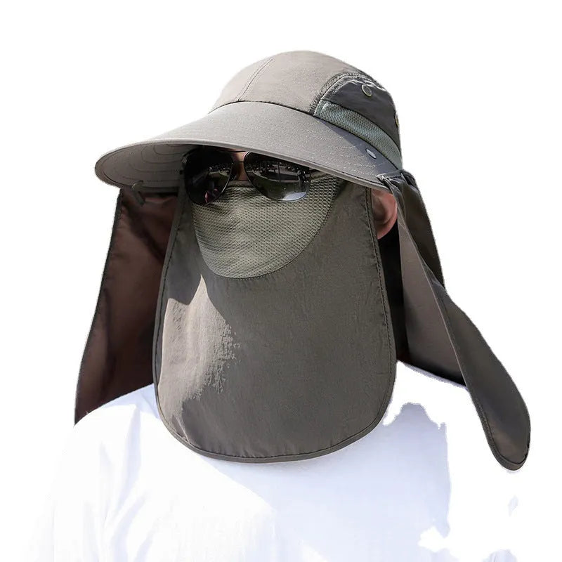 Men's khaki sun protection hat with USB fan and attached face covering shawl for neck protection.