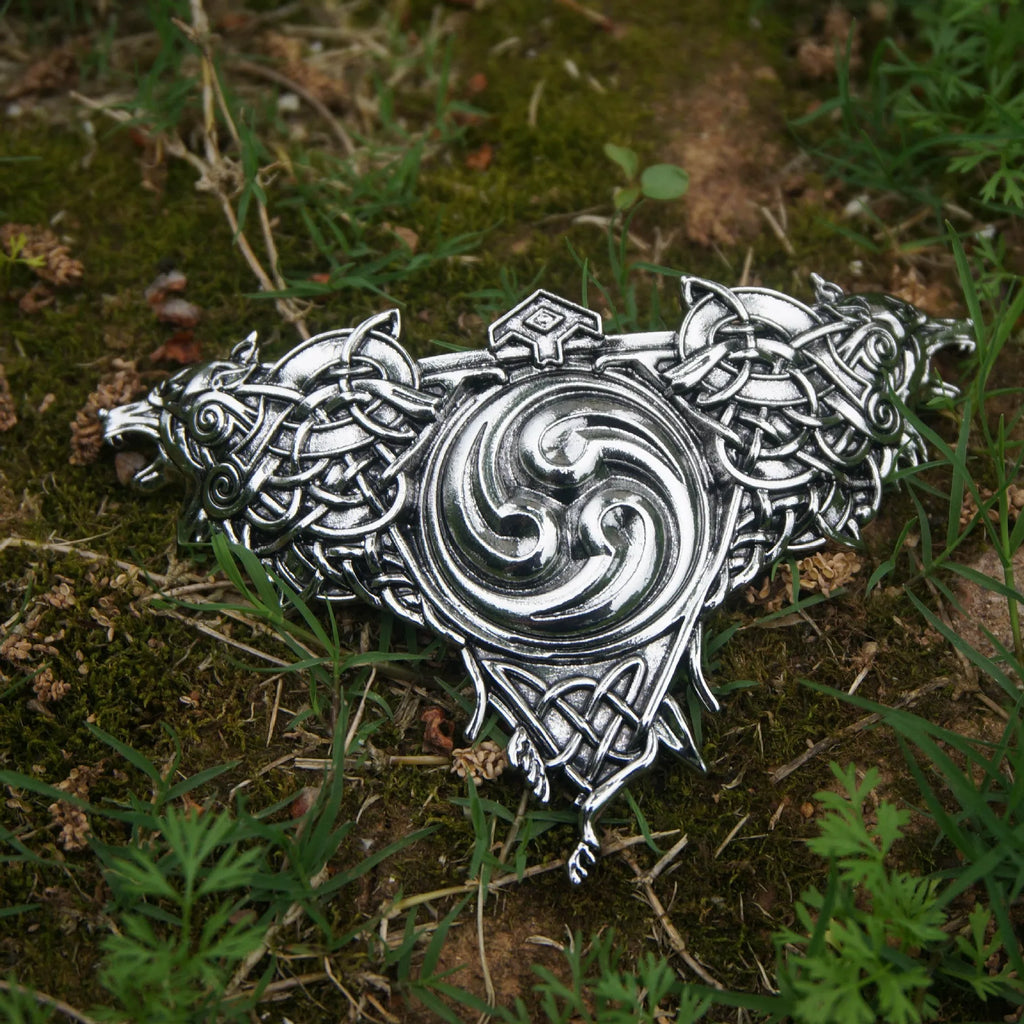 Women's Nordic retro double wolf hair clip in silver alloy on a light background