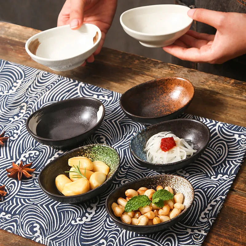 Japanese ceramic oval sauce dipping bowl with underglaze surface in traditional pattern