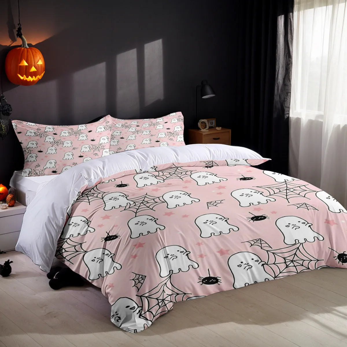 Three-piece bed set Halloween bedroom furnishing decoration white chemical fibre digital print with quilt cover and two pillowcases