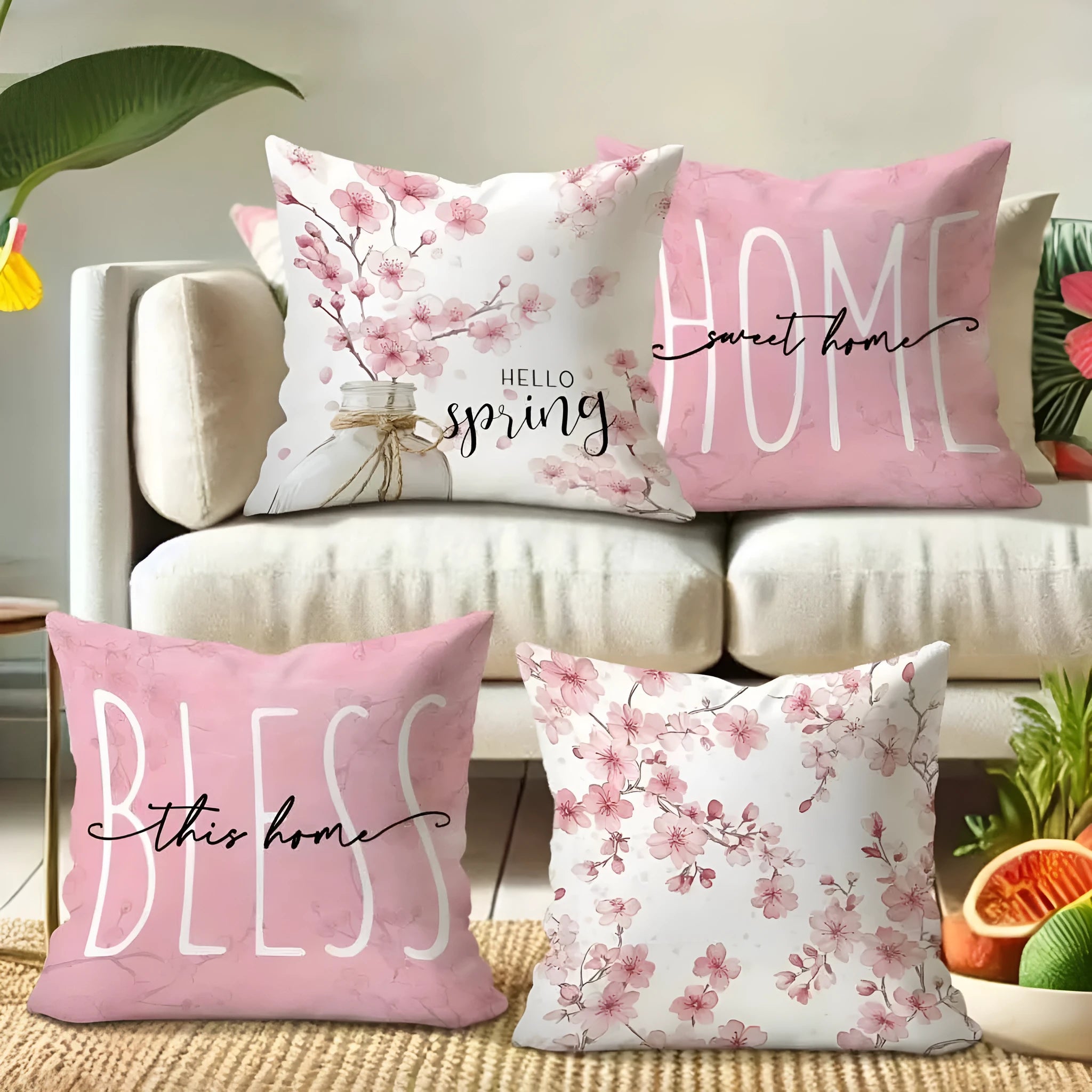 Short velvet cushion cover with cherry blossom letter design, 45cm square, shown in one of four colour options.