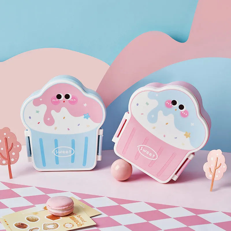 Creative pink and blue ice cream shaped plastic lunch box with compartments and included spoon and fork