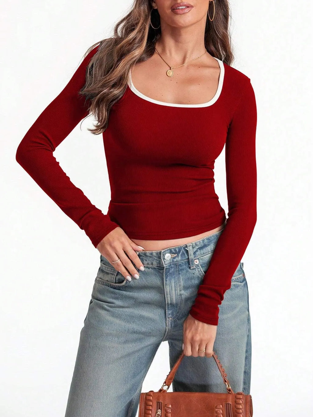 Women's slim fit cotton top with square collar and long sleeves in light grey colour