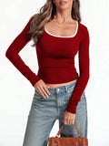 Women's slim fit cotton top with square collar and long sleeves in light grey colour